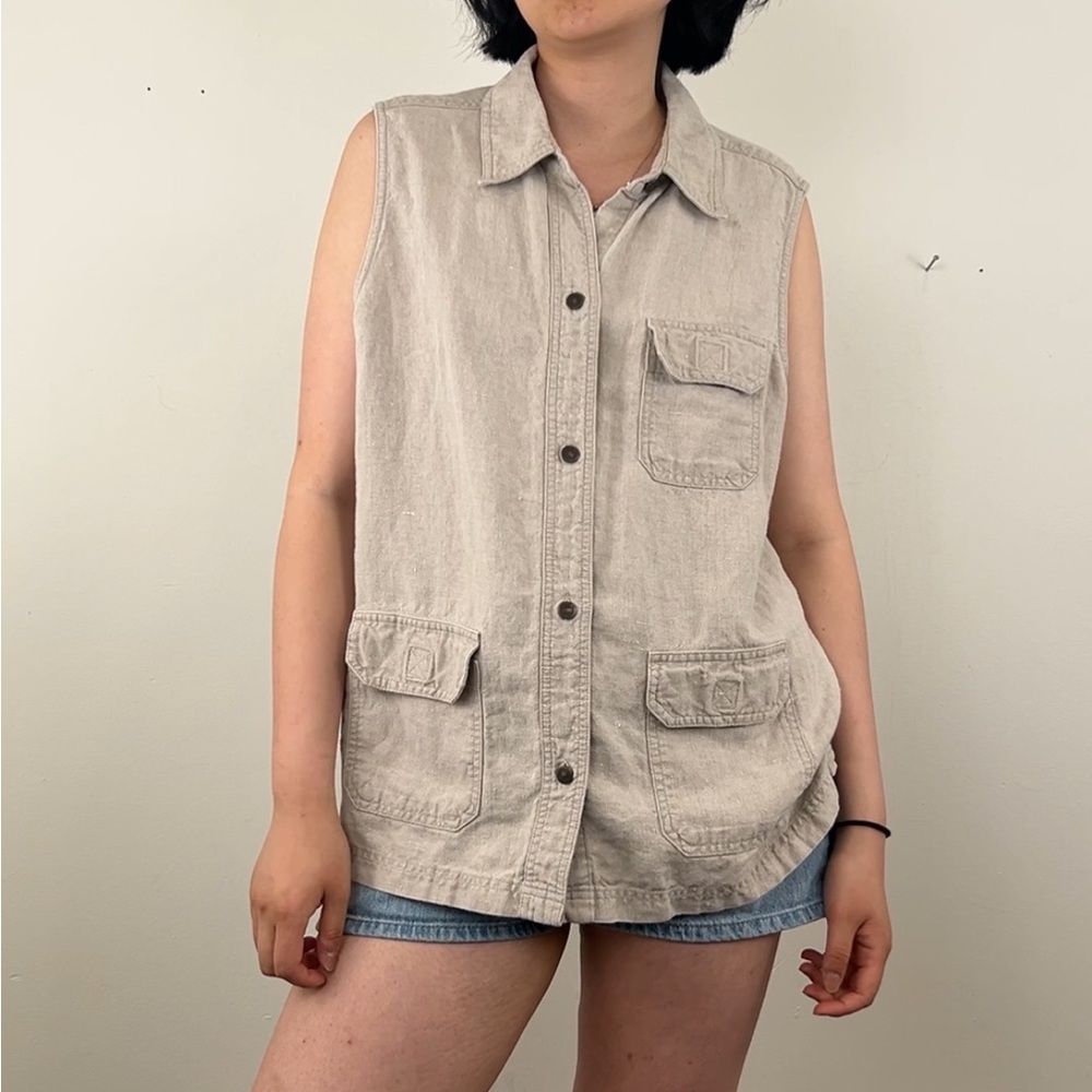 Eddie Bauer Beige Gray 100% Linen Sleeveless Safari Shirt Vest